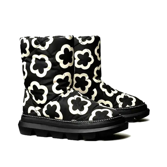 TORY BURCH Women's 9.5 Black White Floral Sleeping Bag Pull On Boots Limited - Picture 1 of 9